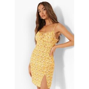 Boohoo Women’s Size 6 Ditsy Floral Tie Front Mini Dress Mustard